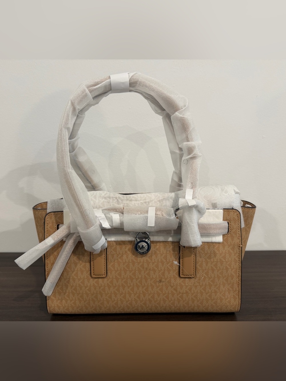 Michael Kors Camel Signature Satchel with Logo Charm